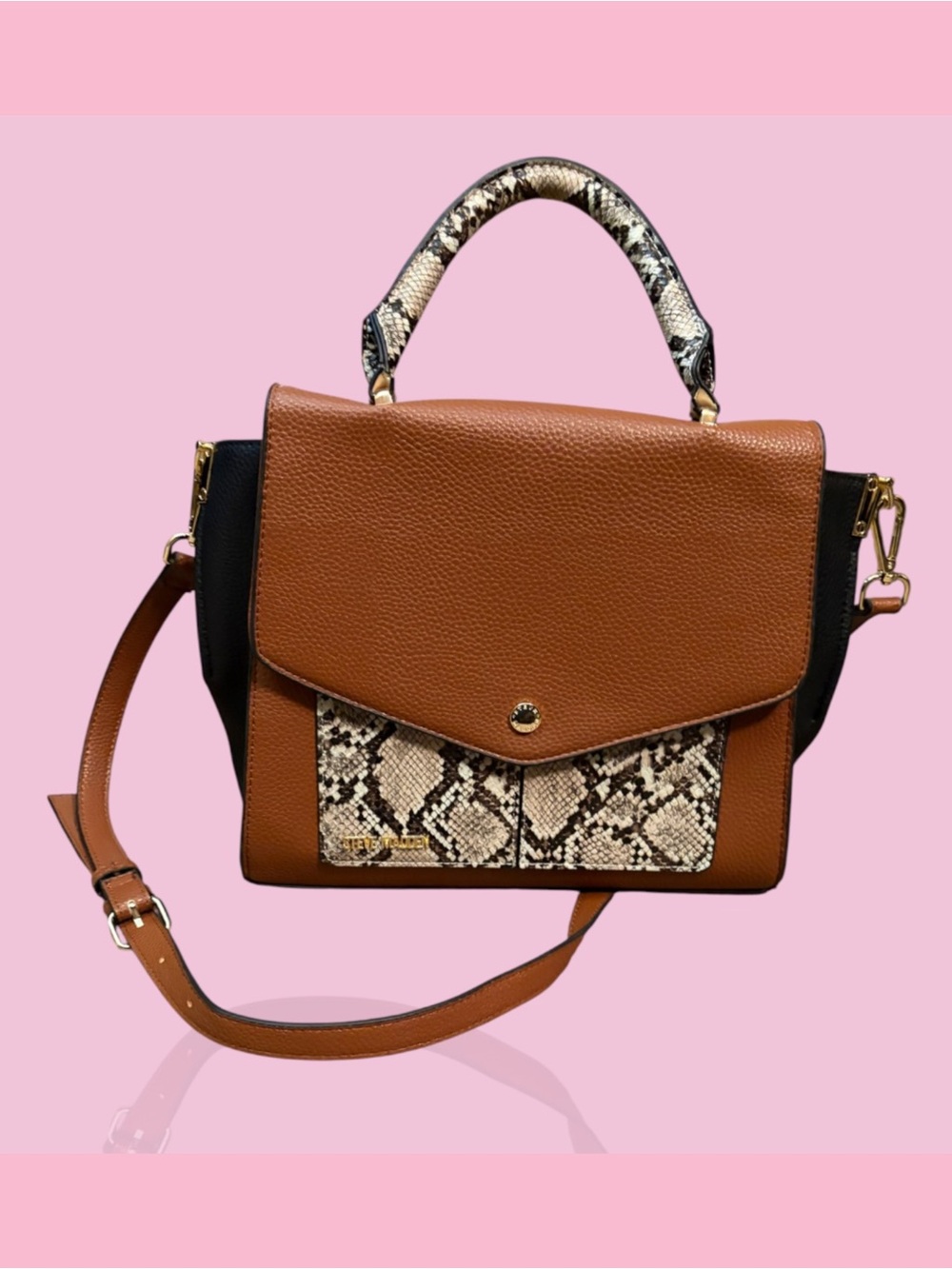 Steve Madden Brown Faux-Snakeskin Accent Satchel